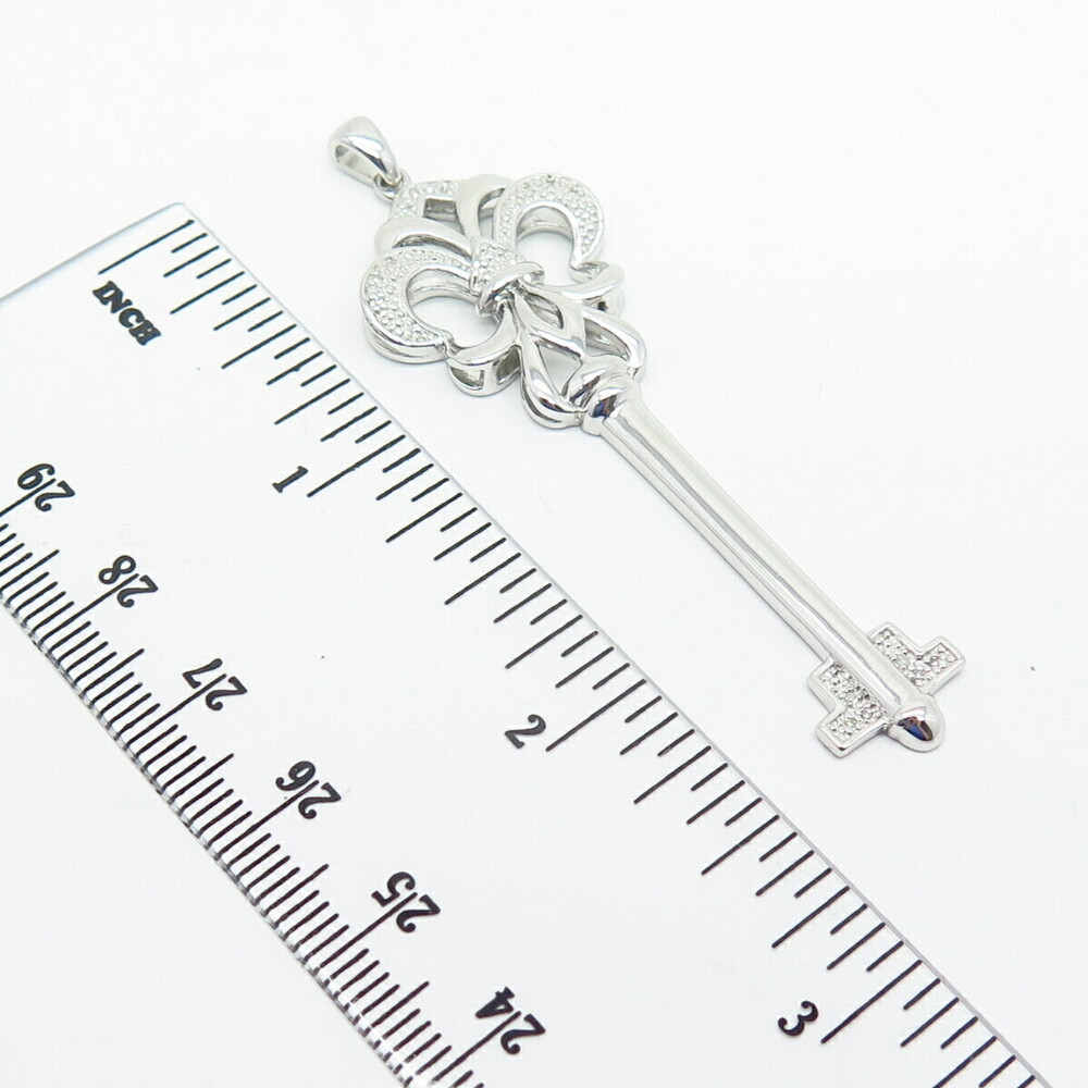 925 Sterling Silver TCW  0.05 Real Diamond Fleur-de-Lis Key Design Pendant - Picture 3 of 4